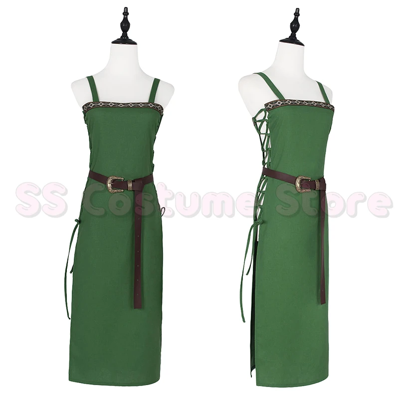 

Women's Medieval Viking Apron Overdress Vintage Green Tunic Dress Lace Up Sides With Belt Halloween Carnival Party Outfit