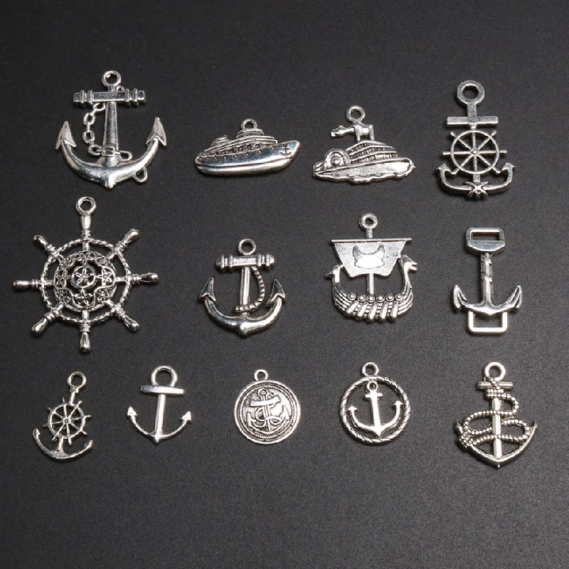 1 paquete de ancla de estilo marino mixto chapada en plata/timón de marinero/barco/colgante DIY pulsera pendientes joyería accesorios para manualidades