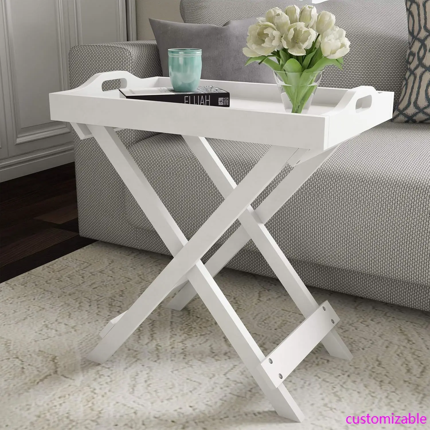 Folding End Table - Wooden Stand with Removable TV Tray for Serving or Décor - Night Stand, Living Room, or Entryway Table