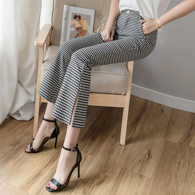 Women's Plaid Contrast Color Checkered High Waisted Button Pockets Casual Spring Autumn Boot Cut Korean Fashion Trousers Pants