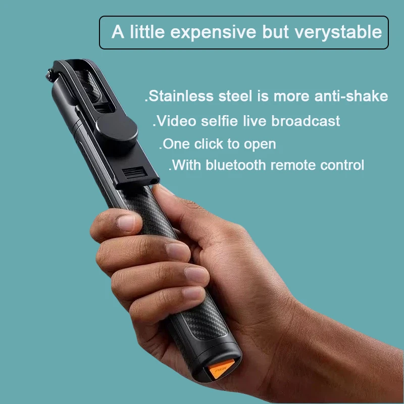 Extendable Selfie Stick Tripod 170cm Carbon Fiber Texture Bluetooth Remote Control Portable Phone Holder Stand for Vlog & Live