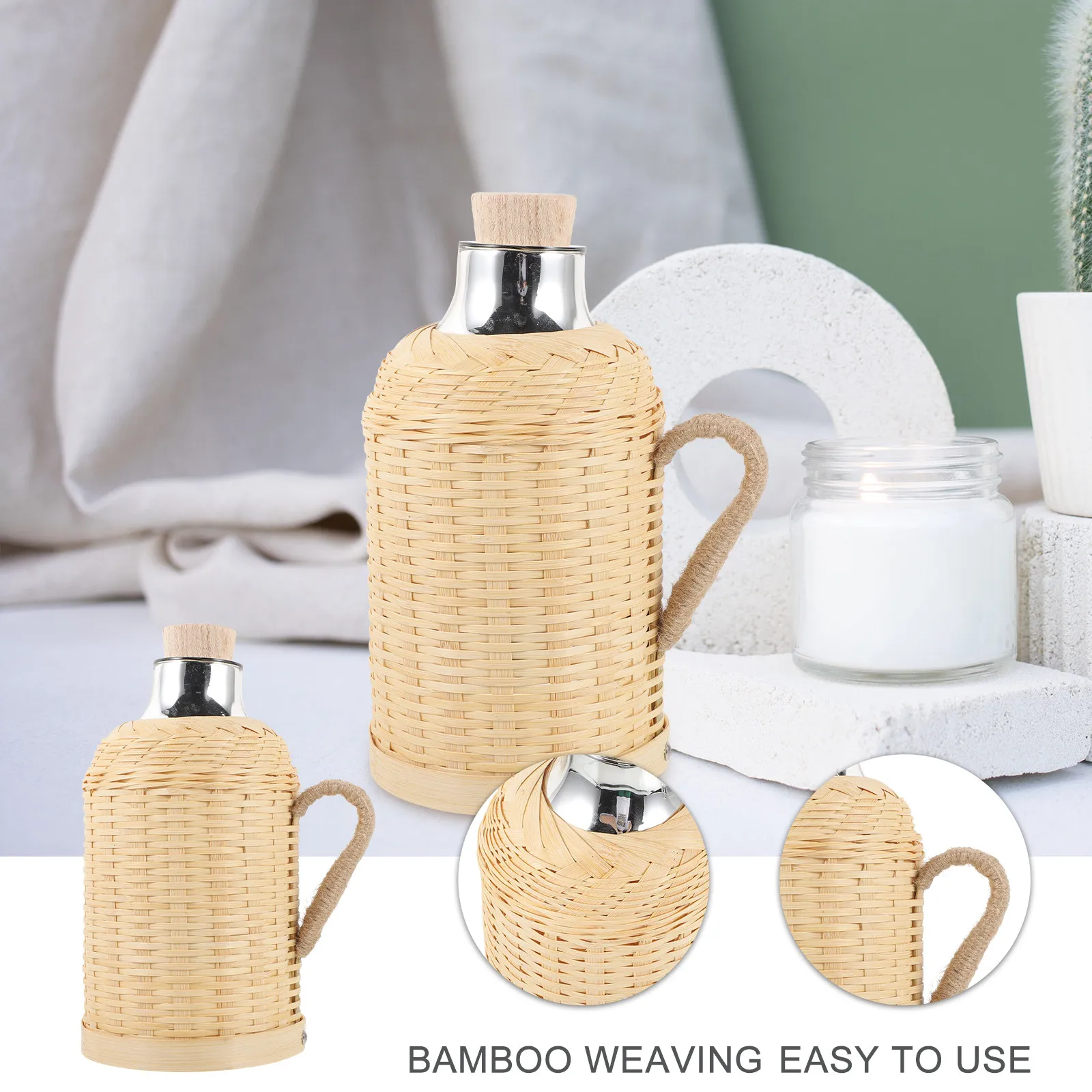 Thermal Bottle Retro Bamboo Woven Cover Water Bottle Brown Handle Warm Keeping Kettle for Indoor Outdoor Use Home Thermal Kettle