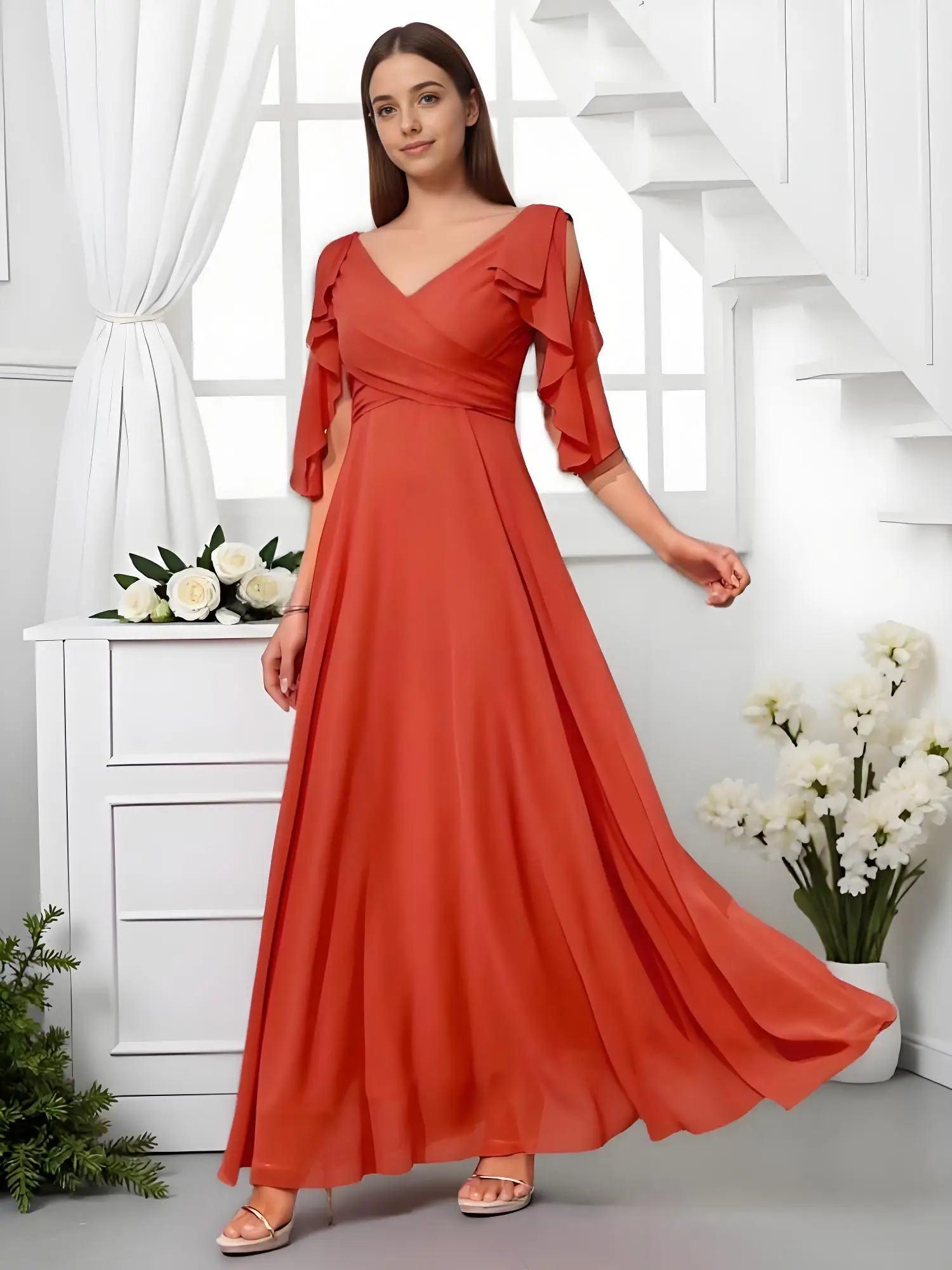 

Beshinel Customized V Neck Half Sleeve Ruffles Chiffon Evening Dresses Wedding Guest Bridesmaid Dresses Vestidos De Festa