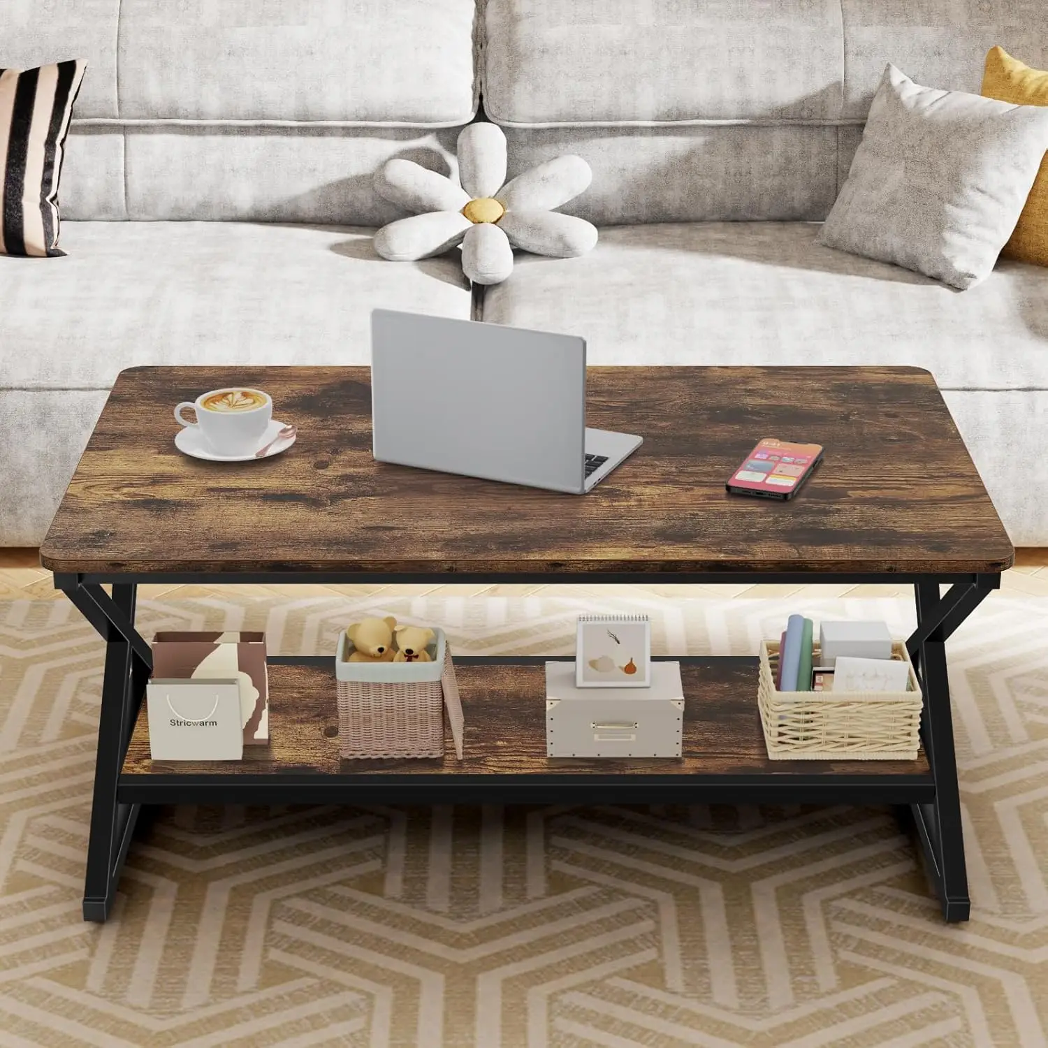 39 Inch Rustic Industrial Coffee Table - 2-Tier Rectangle Farmhouse Minimalist Table with Storage Shelf & Round Corners