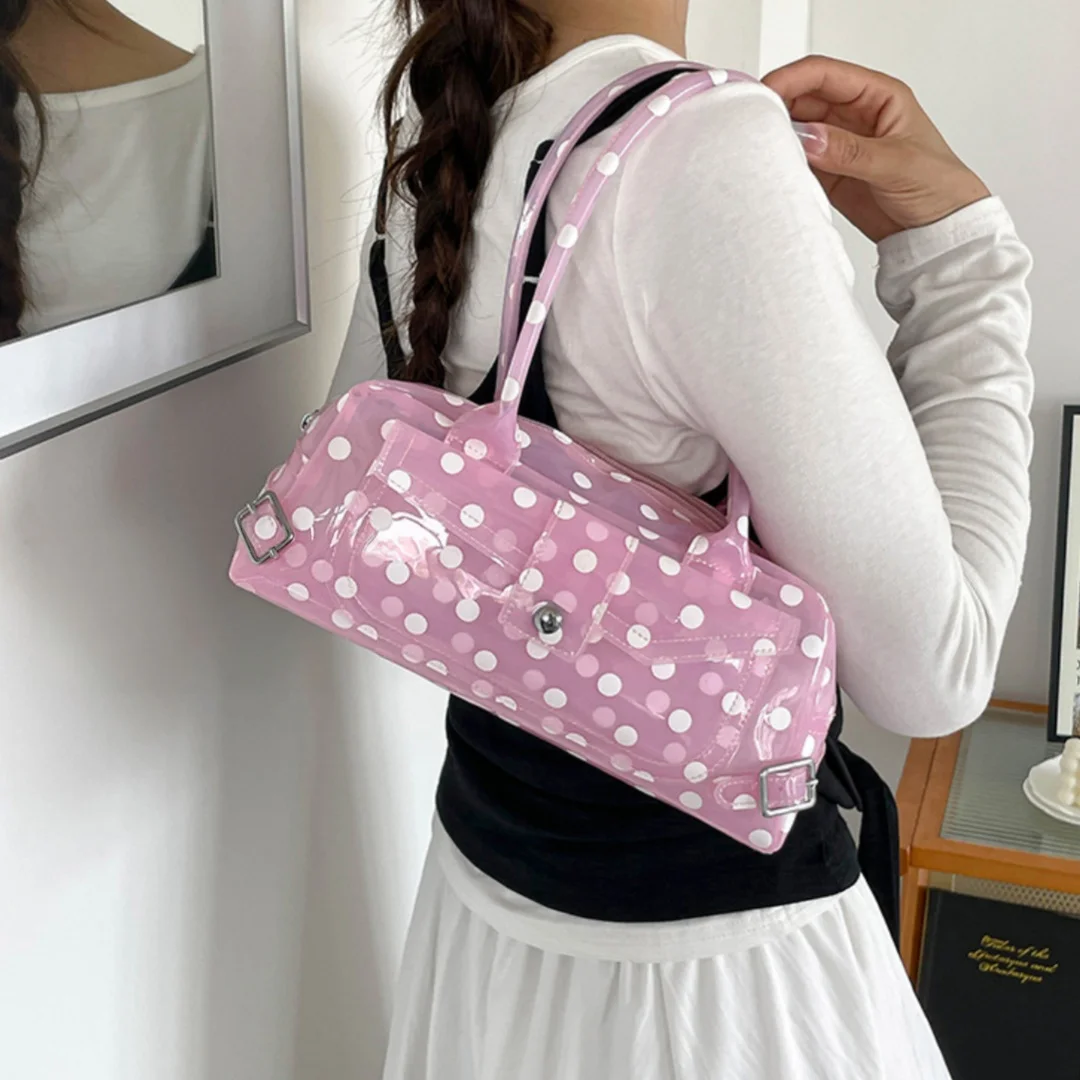 Retro Polka Dot Transparent PVC Tote Bag with Metal Buckle for Women Girls Beach Summer Daily Cute Handbag Shoulder