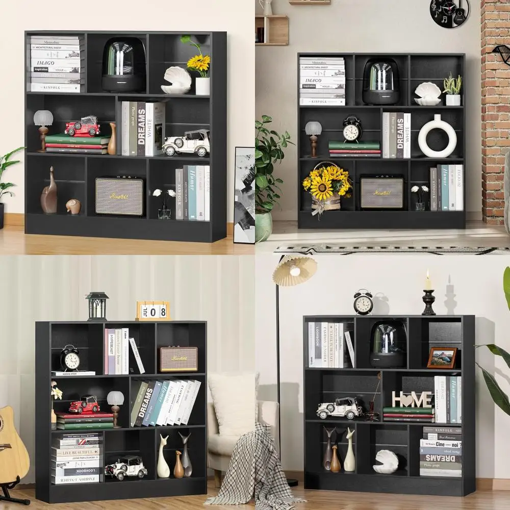 خزانة كتب أفقية حديثة من 3 طبقات، رف كتب خشبي منخفض للعرض والتخزين، خزانة تخزين قائمة على الأرض مع قاعدة