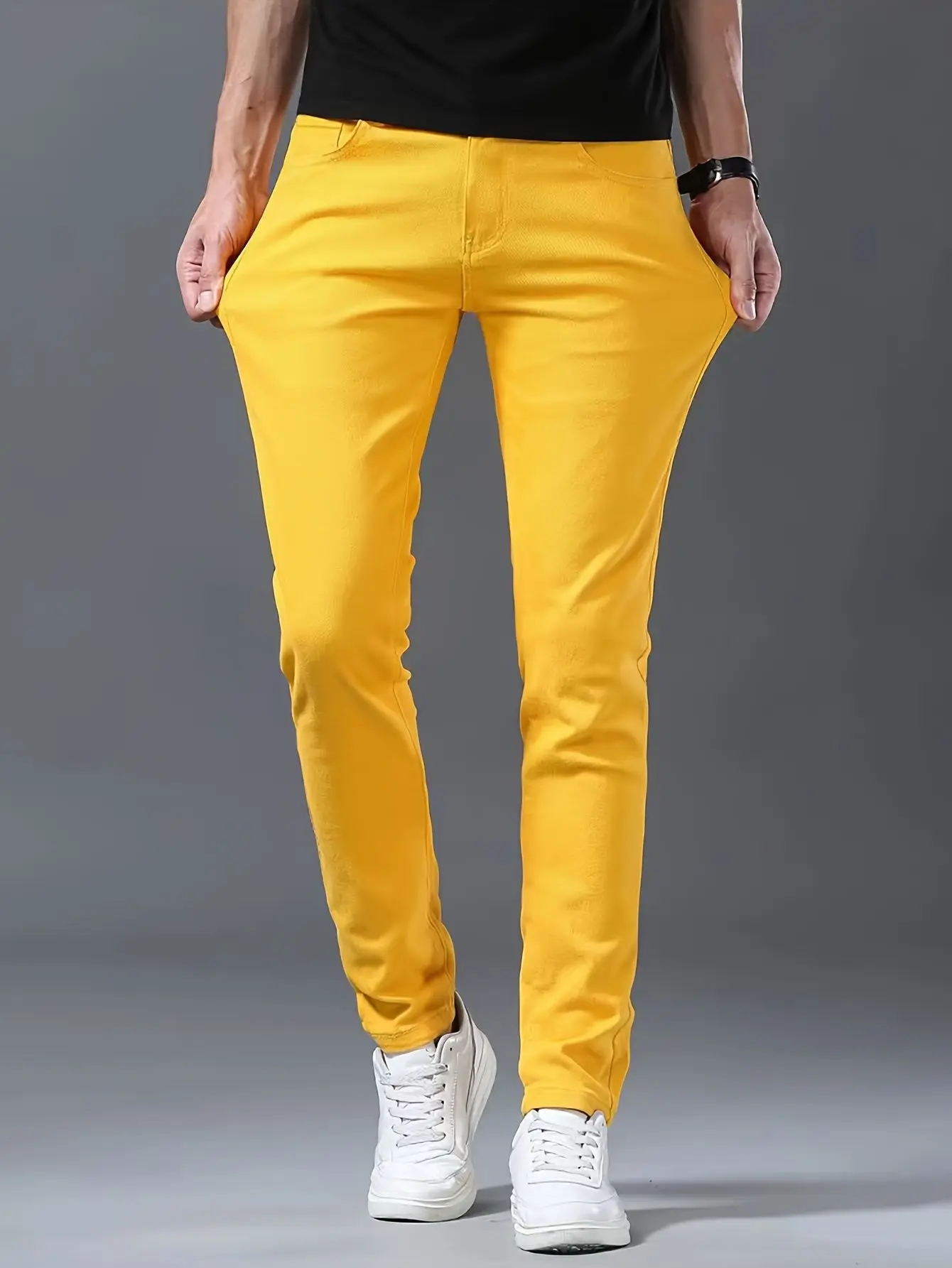 Men's Stretch Tight Jeans Simple Solid Color Basic Style Yellow Brown High Quality Wash Y2K Pants