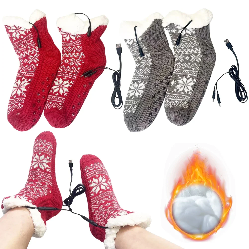 USB Heated Soft Knitted Socks Non Slip Fluffy Slipper Socks Cozy Bed Slippers Carpet Socks for Men Women