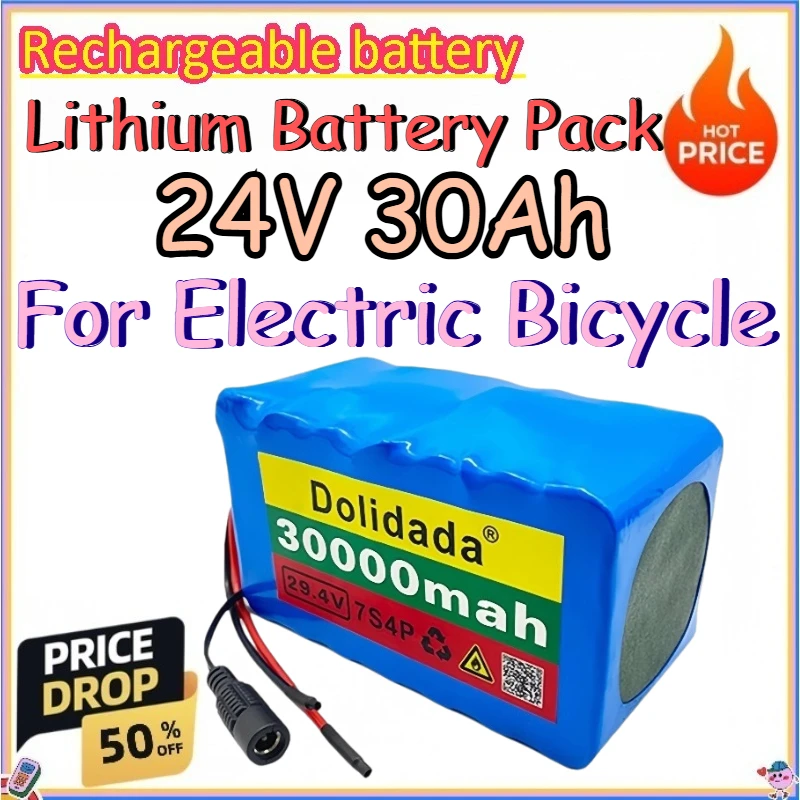 24V 30Ah Lithium Battery Pack for Electric Bicycle 18650 Rechargeable Lithium Battery Pack with Overcharge Protection and BMS