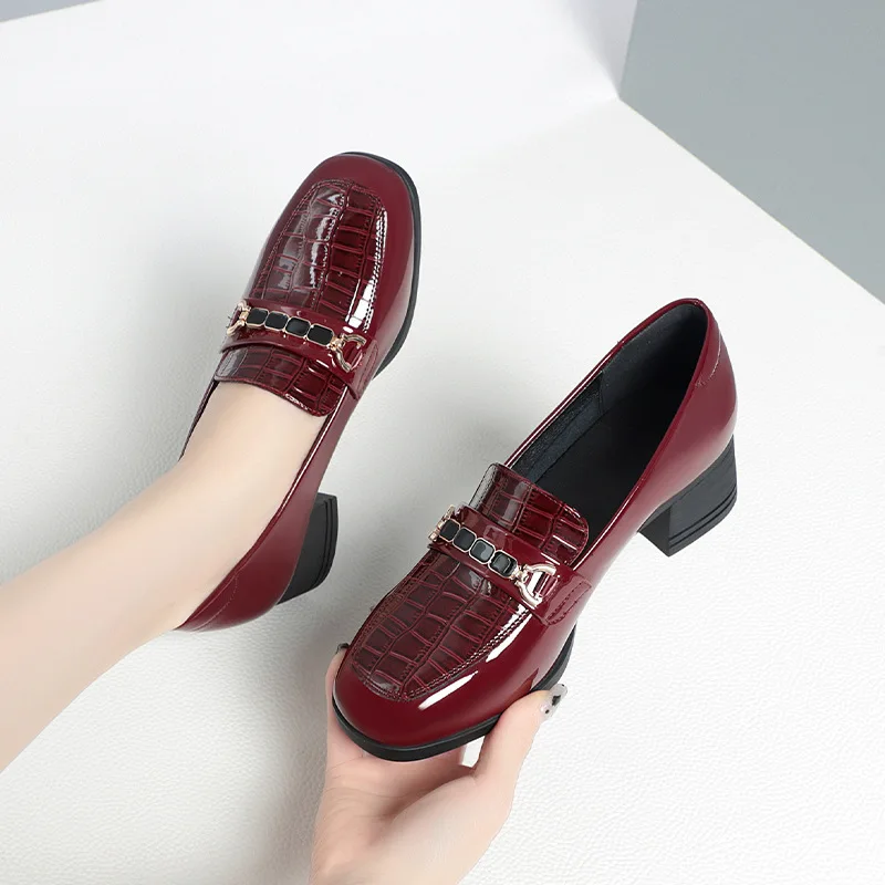 Vintage British Style Deep Mouth Patent Leather Shoes Women Pumps 2024 Spring Block High Heels Shoes Loafers Women Office Model