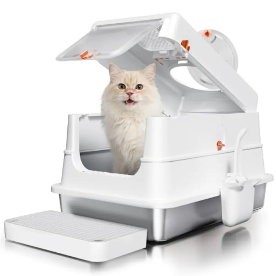

Stainless Steel Cat Litter Box with Lid, Extra Large Enclosed Metal Litter Pan with High Sides, Full Flip Cover Litter Box for