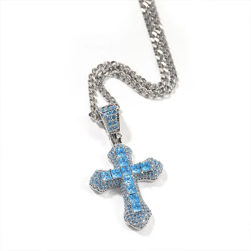 Blue Zircon Cross Necklace Hip-hop Fashion Heavy Work Diamond Multi-color Optional Wild Sweater Chain Factory Direct Sales