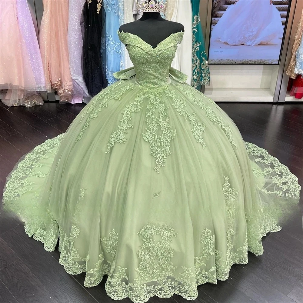 

Mint Green Princess Quinceanera Dresses Ball Gown Off The Shoulder Appliques Sweet 16 Dresses 15 Años Mexican