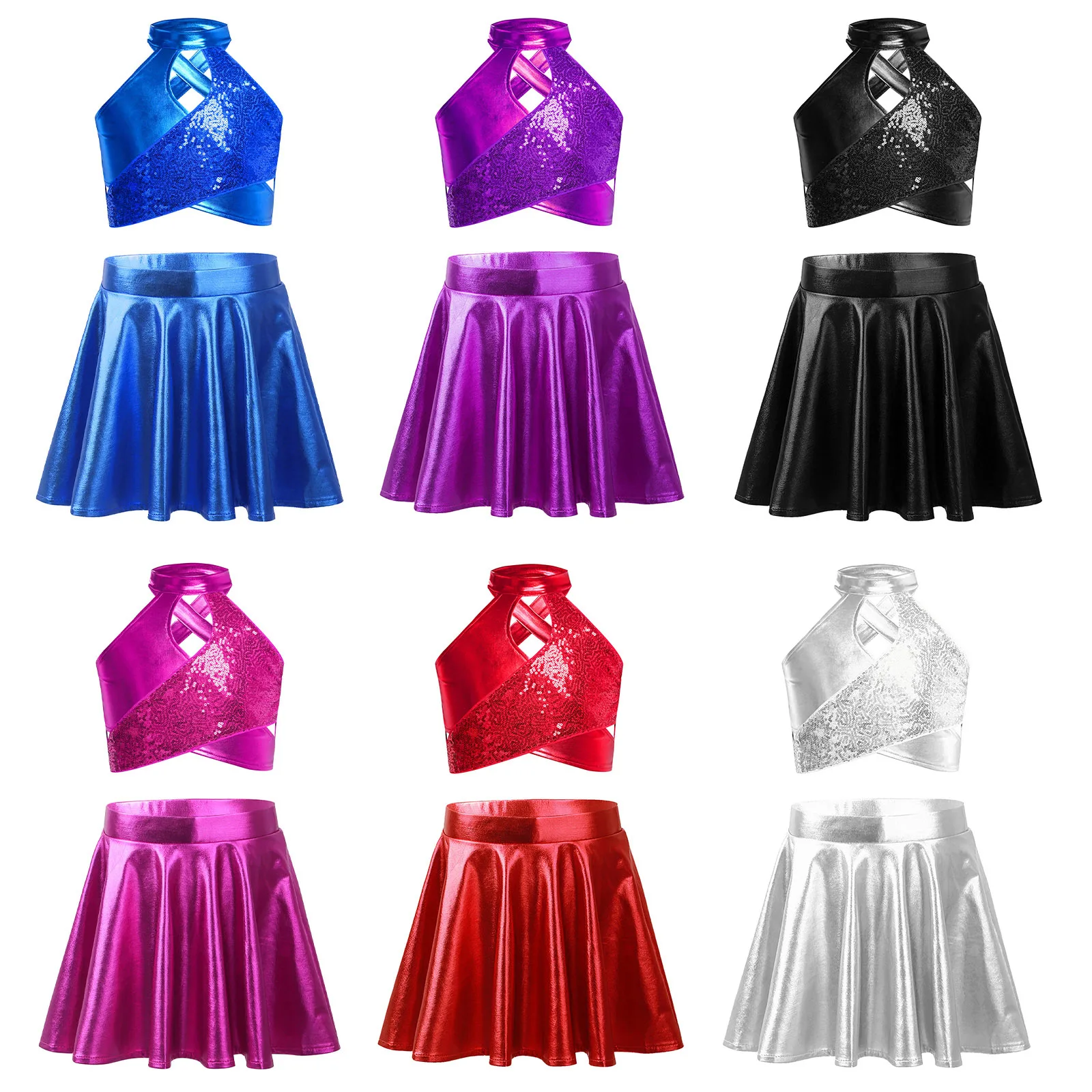 Girls Jazz Dance Outfit Shiny Sequins Crop Top with Metallic Skirt Latin Ballet Dancewear Cheerleading Stage Performance Costume