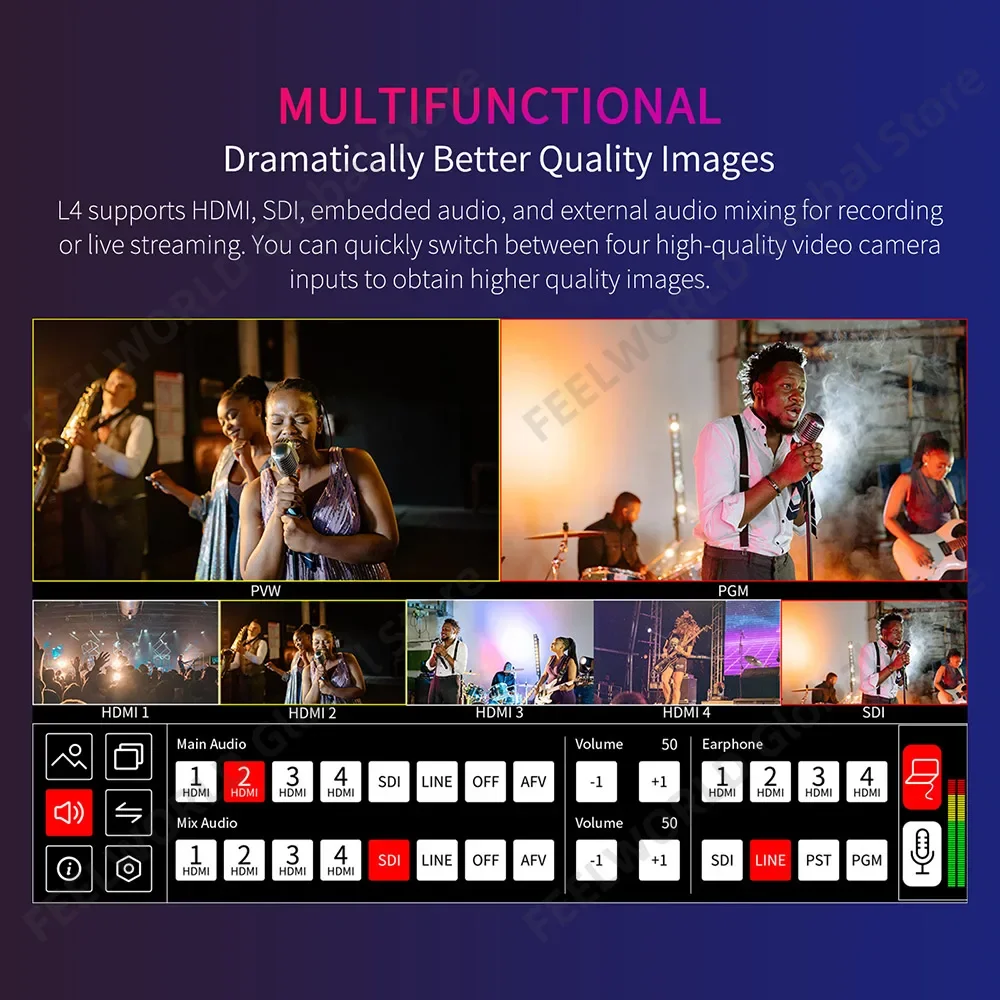 FEELWORLD-Mezclador de vídeo multicámara L4 de 10,1 pulgadas, conmutador con pantalla táctil, 4 entradas xHDMI 1xSDI, llave croma, USB 3,0, transmisión en vivo