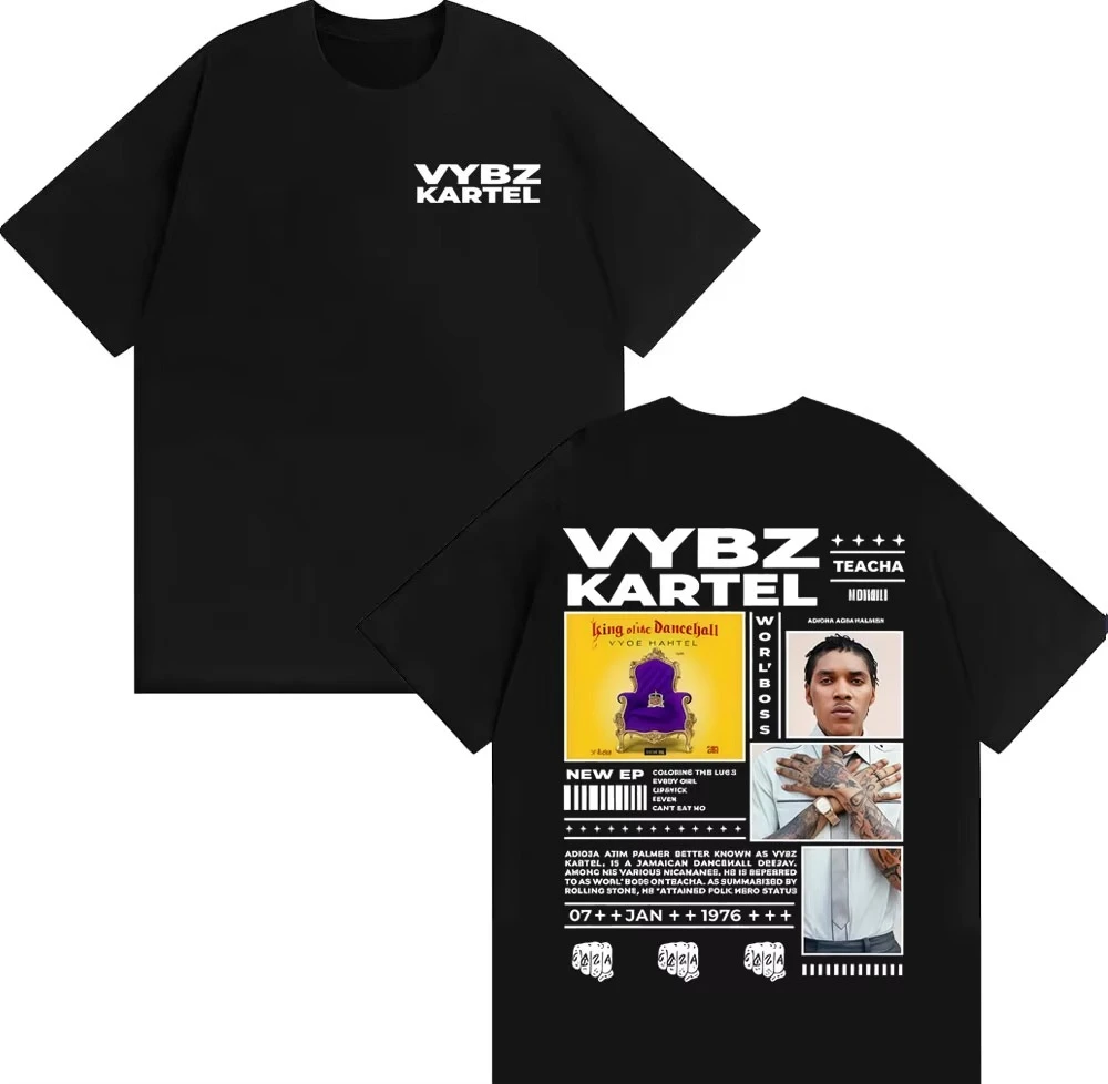 

Рэпер Vybz Kartel Album Tour 2025 Мерч Футболки Мужчины Женщины Винтаж Хип-Хоп High Street Футболки Летние Топы Футболка из 100% хлопка
