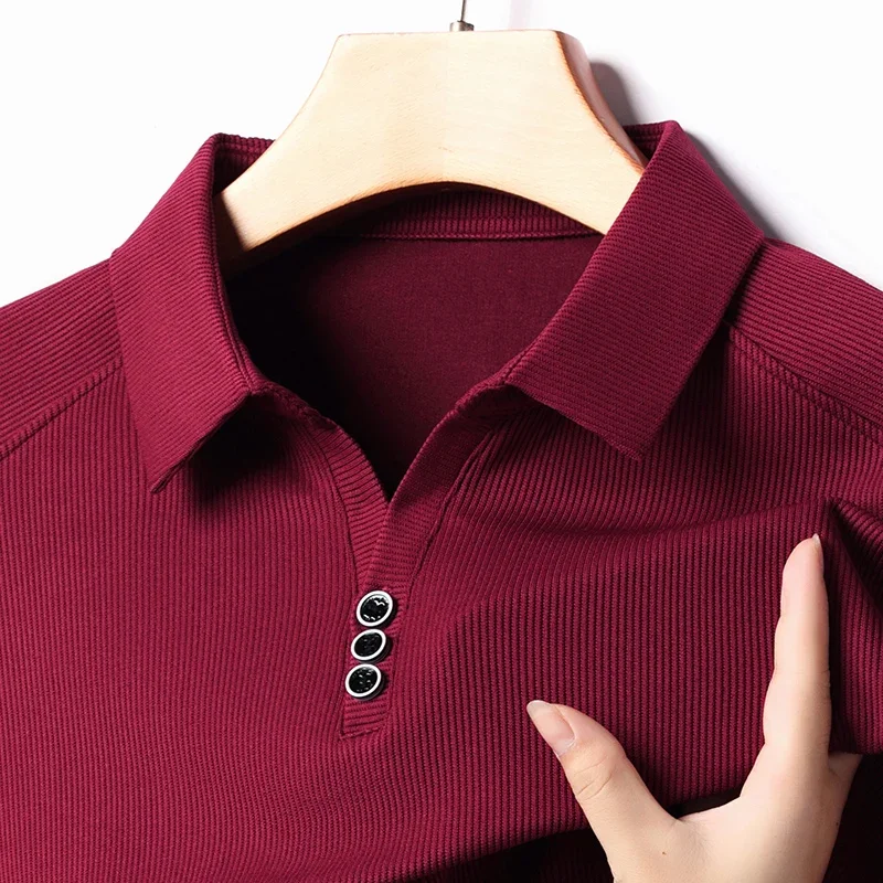 New Scissor Collar Button Polo Shirts Long Sleeved 2023 Autumn Fashion Simple Handsome T-shirt Men\'s Clothing Quality Trend Ropa