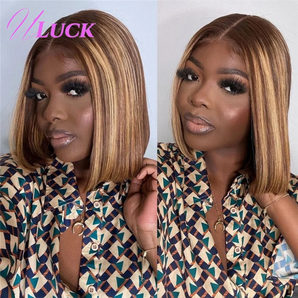 

Uluck Double Drawn Straight Bob Wig 13x4 Lace Frontal Wigs Highlight P427 Color Human Hair Wig 200% Density Preplucked For Women
