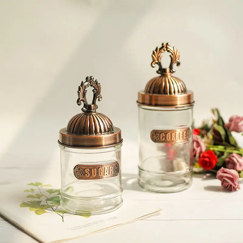 European Style Glass Sealed Jar Castle Metal Lid Clear Glass Candy Coffee Candy Tea Caddy Vintage Storage Bottle Home Decoration