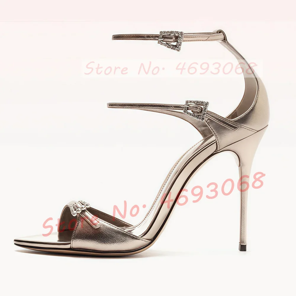 

Thin Strap Grey Metallic Leather Sandals Ladies Sparkly Crystal Buckle Elegant High Heel Women Luxury Toe Strap Shiny Sandals