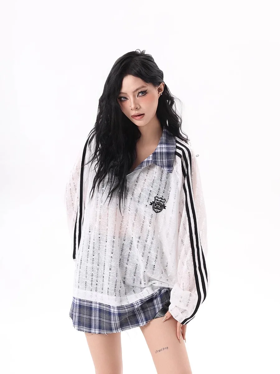 

Fake Two-piece Plaid Splicing Lapel Sweater Women's and Men's Loose Casual Pullover Top Trendy