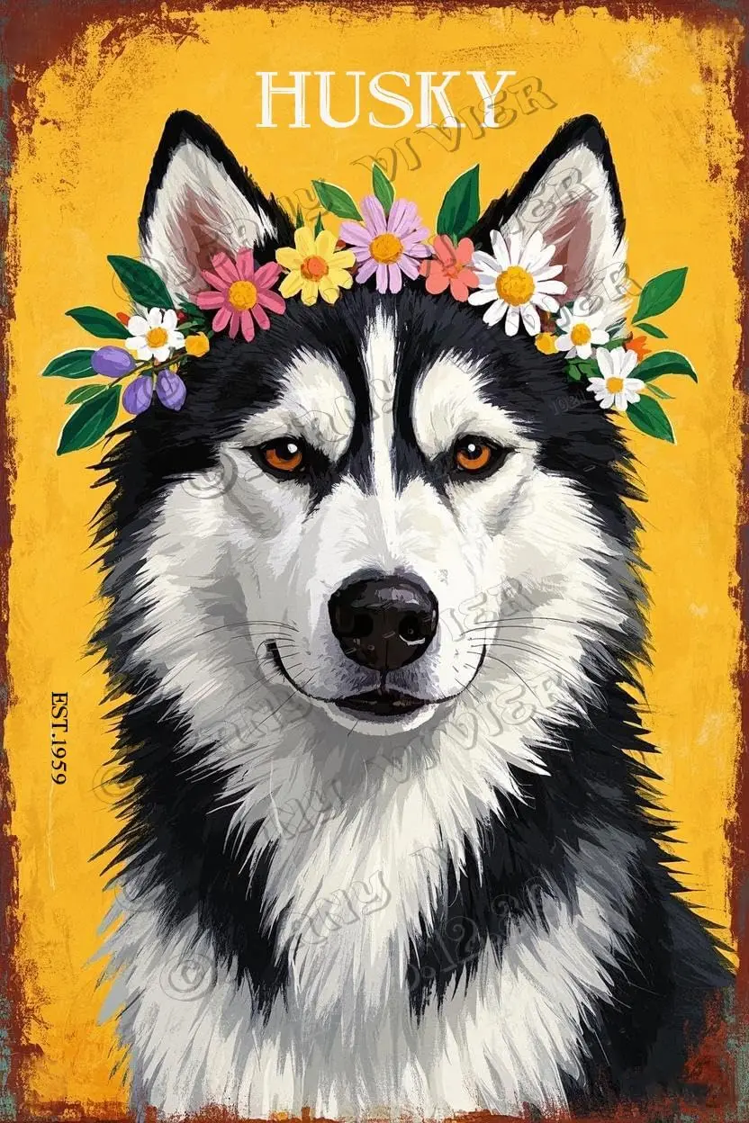 Y1,Cute Husky With Flower Crown Decor - Dog Vintage Metal Tin Sign for Bedroom Living Room Home Office Pet Corner Shop