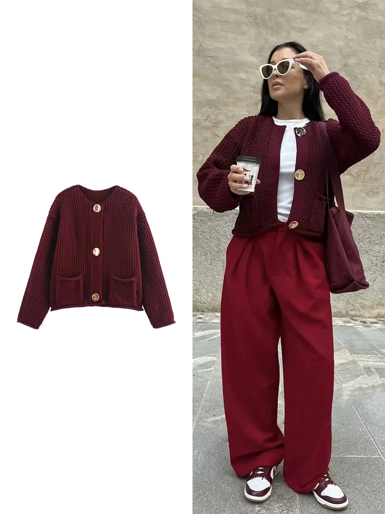 TRAF Women's Dark Red Cardigan Long Sleeve Knitted Sweater Autumn and Winter New French Design Single Breasted Knitted Jacket