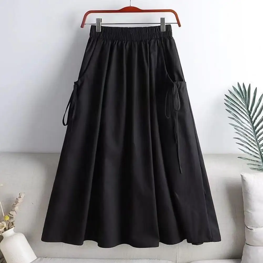 Cargo Skirt With Elastic Waist Side Pockets Solid Color A-Line Loose Fit Midi Skirt Workwear Style Drawstring Skirt For Summer