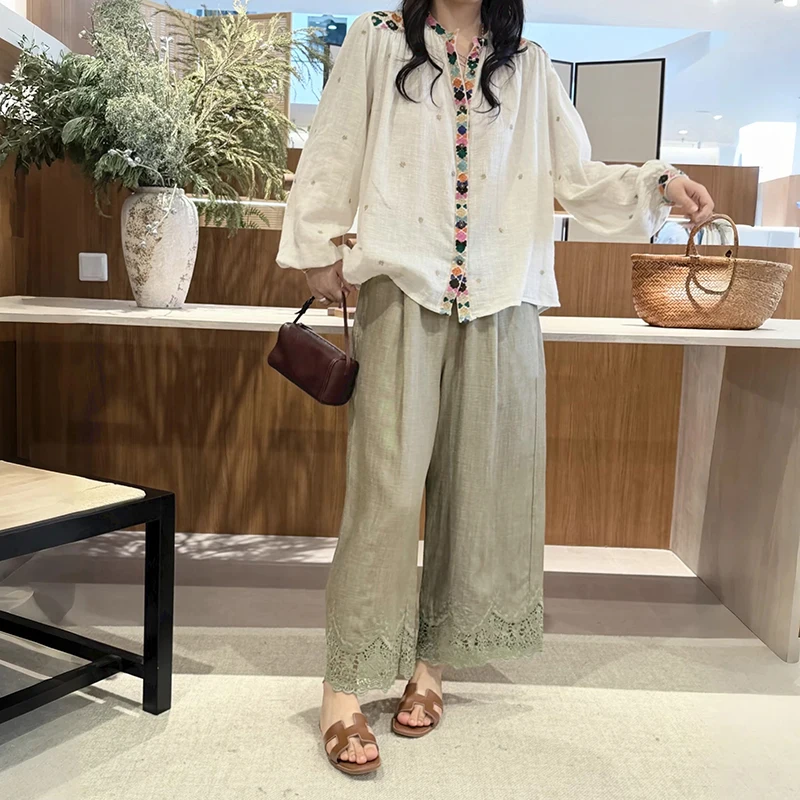 

Summer New Women's Loose Casual Pants Elastic Waist Rope Lightweight Mixed Linen Plant Floral Pattern Polyester Fiber