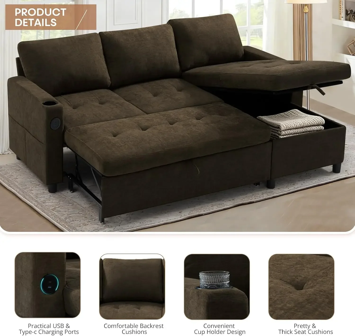 84 Inch L Shape Reversible Sectional Sleeper Sofa With Usb Port Storage Chaise Chenille Pull Out Bed Dark Brown