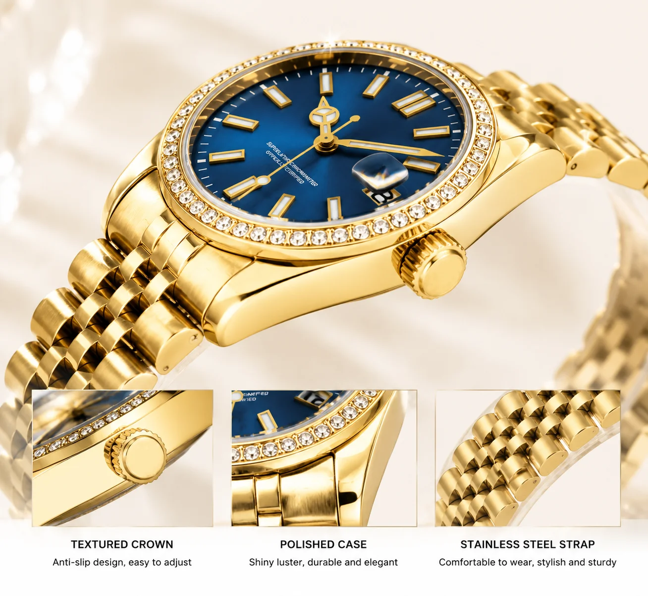 Gramock 31mm Luxury Gold Case Lady's NH05 Mechanical Watch Sapphire Glass Diamond Bezel Automatic Watch For Women Jubilee Strap
