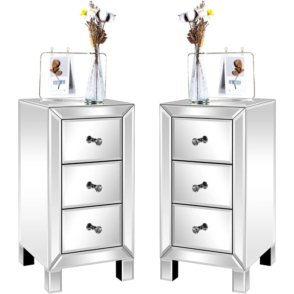 

Drawer Mirrored Nightstand Set of 2, End Table, Bedside Table, Glass Nightstand for Bedroom, Living Room, Silver, 11.7"