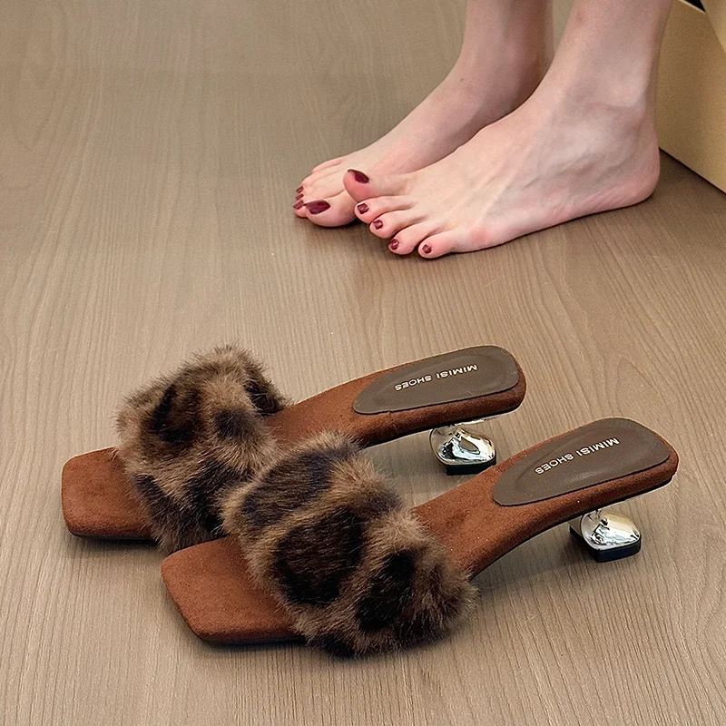 

Elegant Women Heeled Slippers Fur Leopard Luxury Heels Shoes 2025 Autumn Walking Dress Party Flip Flops New Pumps Mujer Zapatos