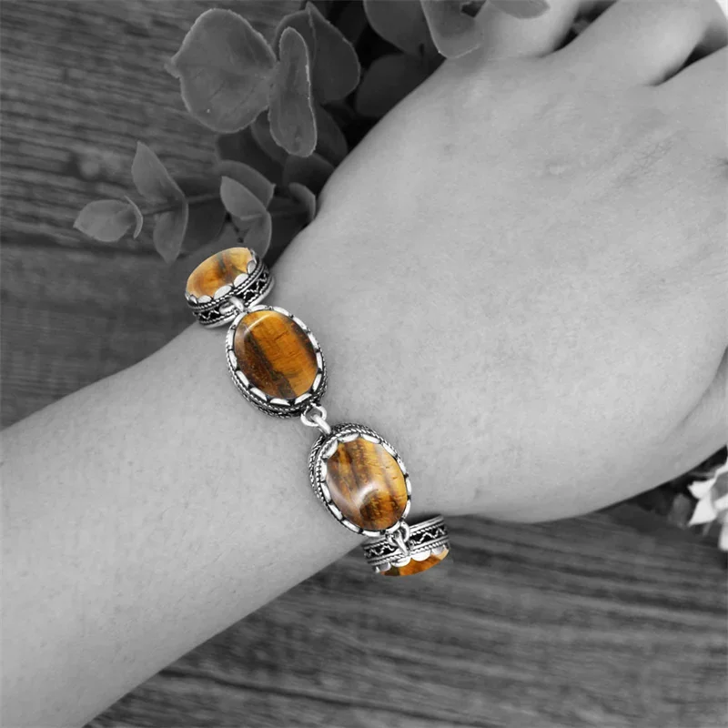 Natural Tigers Eye Bracelet For Women Vintage Flower Strand Bracelet Antique Silver Plated Fashion Jewelry