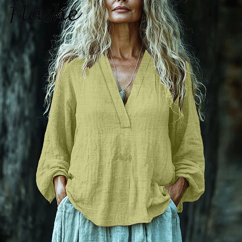 

Spring Summer Vintage Tops Women Cotton Line Blouse Shirts Women Casual V Neck Long Sleeve Loose Blouses Female Blusas