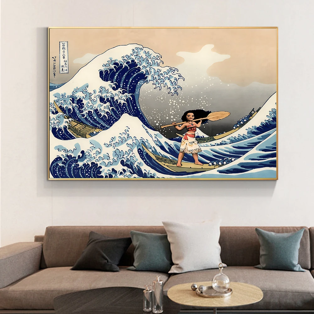 Disney Moana and Great Wave off Kanagawa Prints Famous Canvas Painting Posters Cartoon Art Picture for Room Home Cuadros Decor