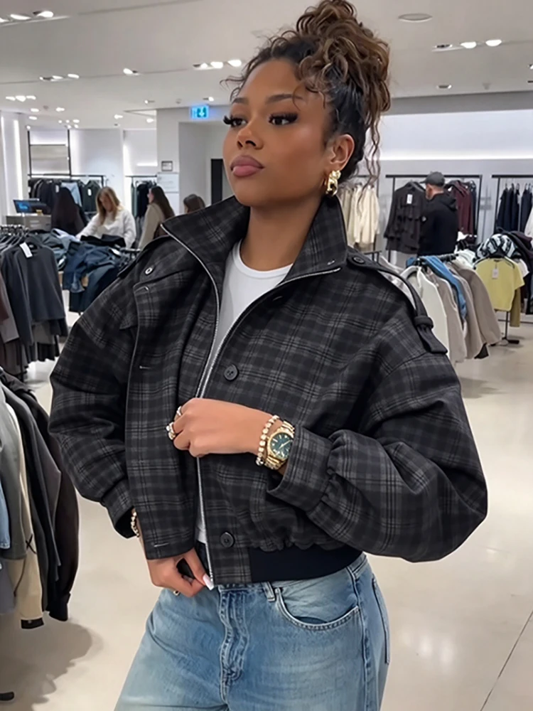 Trendy Plaid High Stand Collar Cropped Bomber Jacket Zip Up Loose Drop Shoulder Short Coat Women Casual Daily Street Outerwear