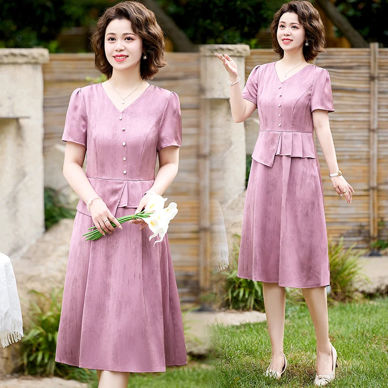 

Элегантное летнее платье средней длины с коротким рукавом для женщин среднего возраста, модное и нежное, из полиэфирного волокна, с V-образным вырезом.