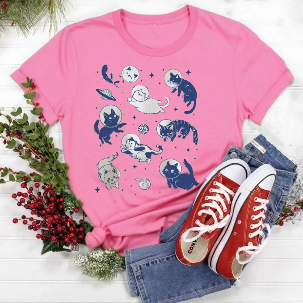 Cats in Space Shirt Funny Cat Tshirt Women Shirt Aesthetic Graphic Retro Vintage Tops Casual for Daily Wear and Casual Outings