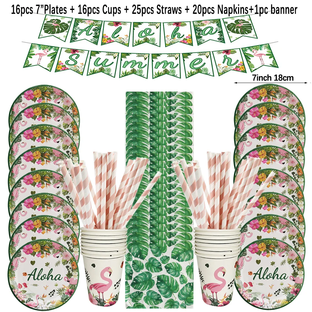 Hawaii Party Disposable Tableware Set Summer Aloha Flamingo Plates Cups Napkins Tablecloths Tropical Hawaii Party Decorations