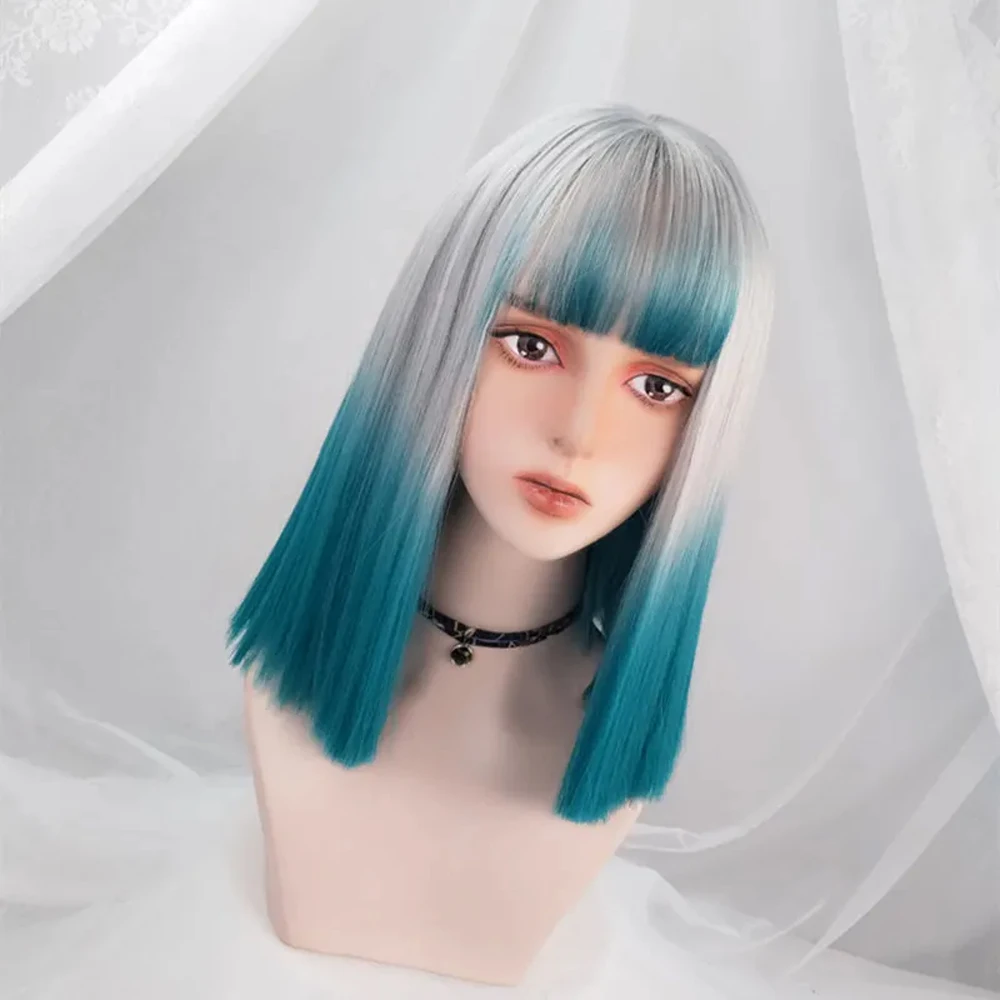 شعر مستعار اصطناعي مستقيم مع الانفجارات للنساء ، شعر مستعار لوليتا تأثيري ، أومبير ، رمادي ، أزرق ، متوسط الطول ، حفلة يومية #3