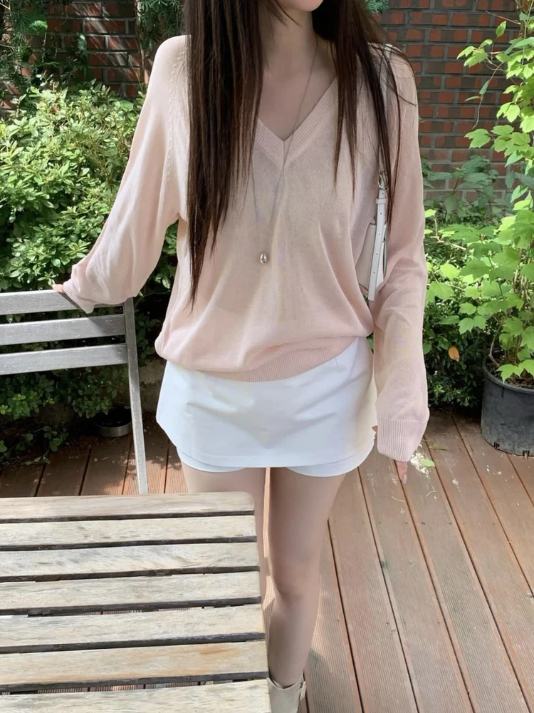 Afslanken Chique Zomer Dun Gebreid V-Ne Losse Dames Top Ademend Eenvoudig Matchable Sunade Vest Lang Sve Crew Ne