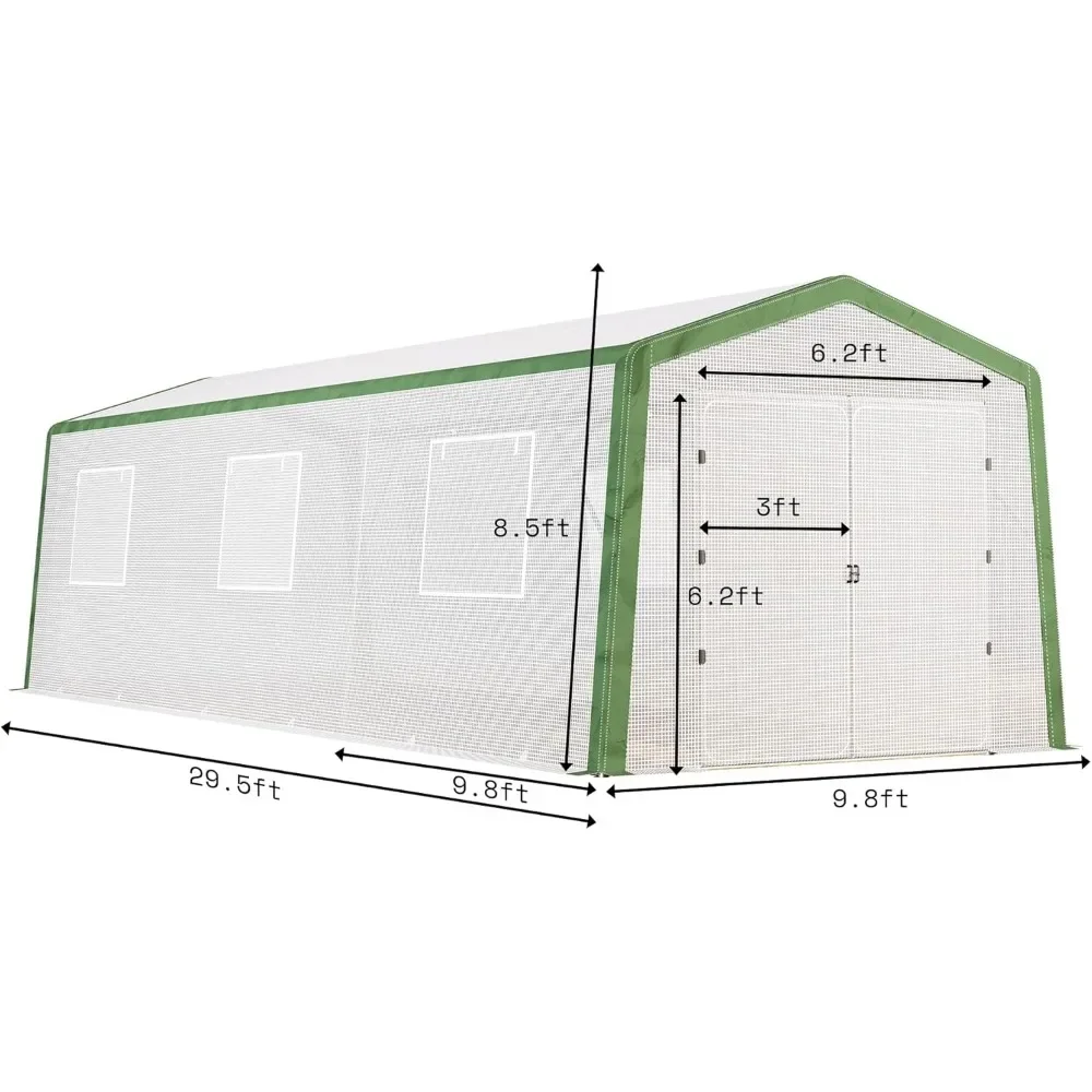 이중 힌지 도어, 6 통풍구, 업그레이드된 패치워크 프레임 디자인, 대형 야외 터널 온실, 30x10x8.5 FT