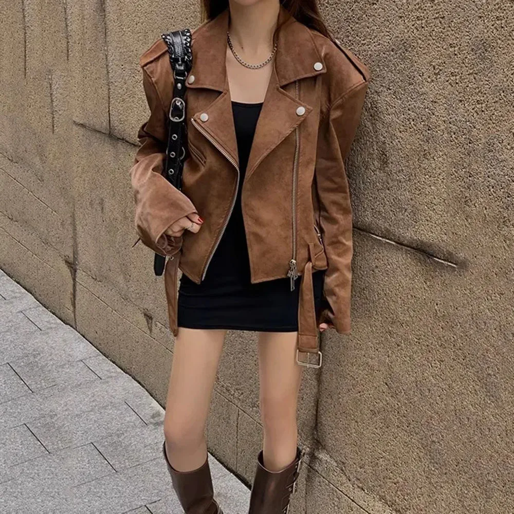 Korean Suede Jacket Women Autumn Winter New Solid Zipper Long Sleeve Fashion Leather Jackets Brown Slim Short PU Locomotive Coat