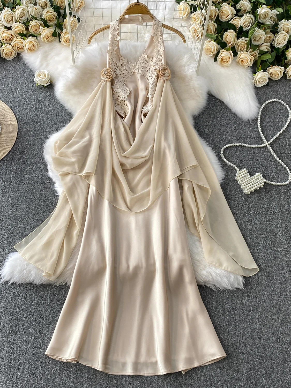 우아한 3D 플로럴 레이스 헤비 자수 V넥 모닝 로브 드레스 여성 여름 고급 새틴 드레스 한국 스타일 A라인 스커트