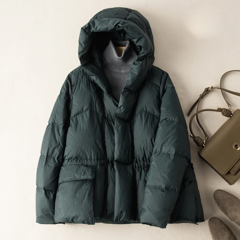 2024 Autumn Winter New Style Loose Warm 90% White Duck Down Jacket Female Hooded Windproof Short Parkas Soild Color Outwear