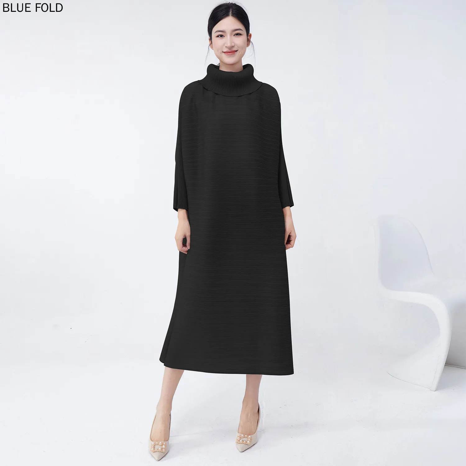 Miyake Long-sleeved Dress High-end Spring and Autumn High-neck Loose Large Size Casual Mid-length Dress Elegant High Quality