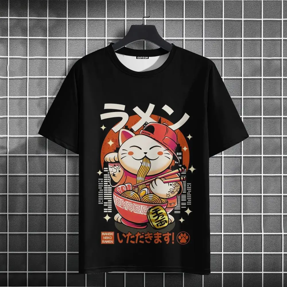 

Мужские футболки с 3d принтом Noodle Cat, летние повседневные топы с короткими рукавами, свободная футболка большого размера в стиле Харадзюку, мужская одежда, новинка