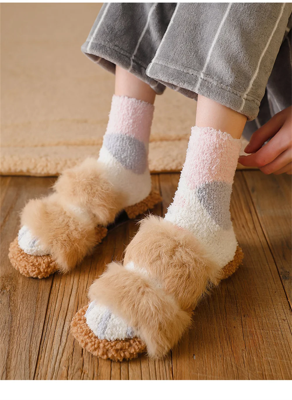 女性用ウールフリースソックス,厚手の猫の靴下,暖かいミッドハイソックス,かわいい猫の足,床用