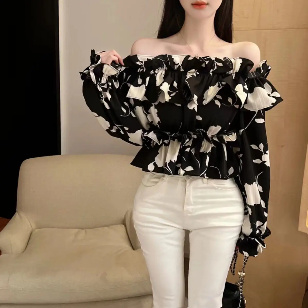 

New Chic One Shoulder Top Internet Famous Floral Ruffle Edge Off Shoulder Versatile Chiffon Shirt for Women